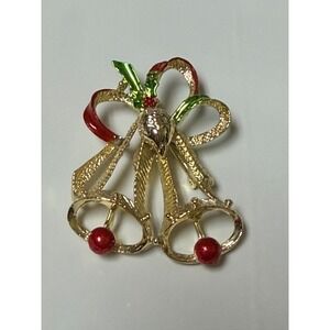 Gerrys Vintage Christmas Bells Brooch Gold Tone Red Green Enamel Holiday Pin